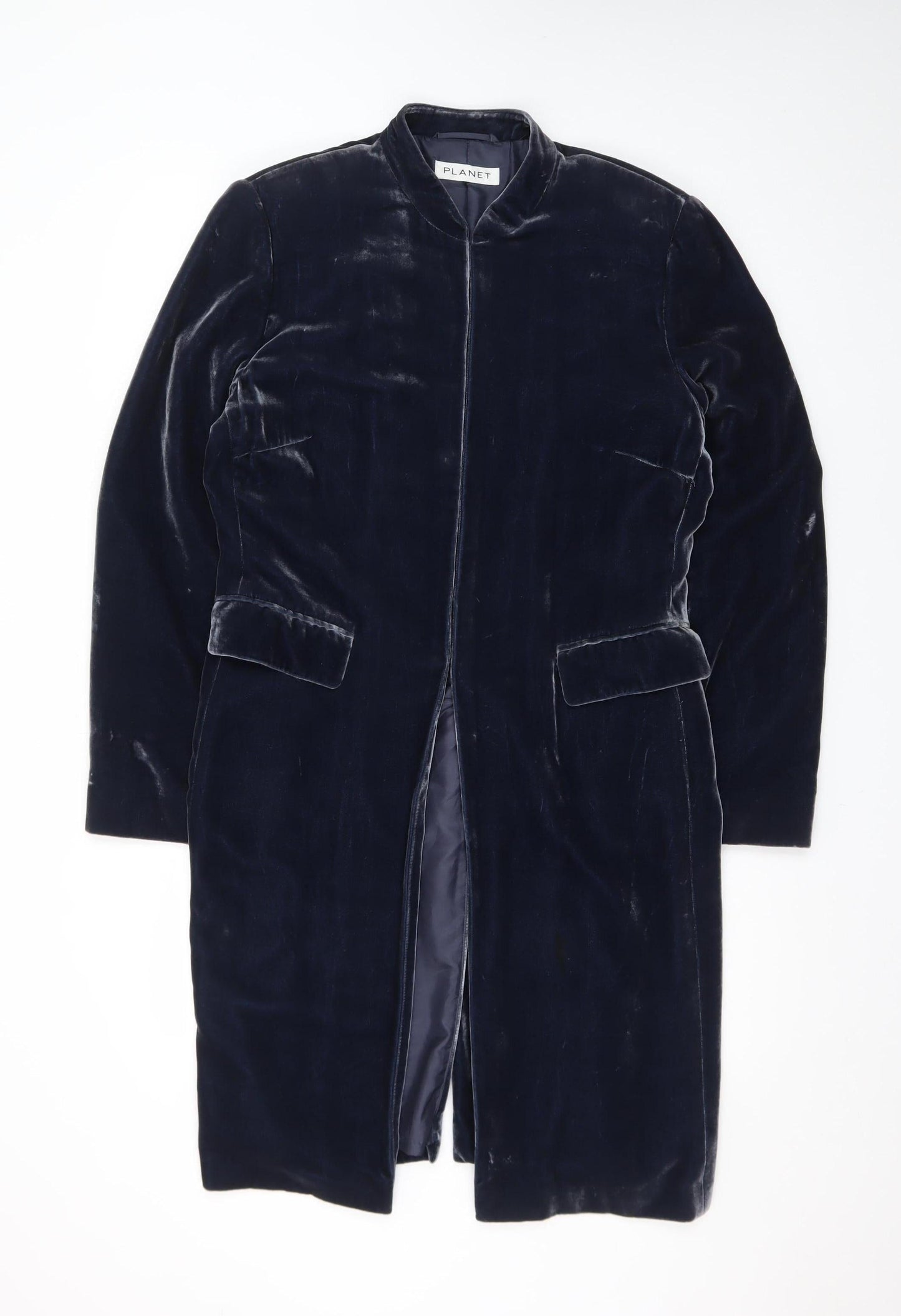 Planet Women's Blue Velvet Long Coat Size 12 Lined Classic Overcoat
