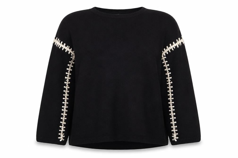 The White Company Women Black Wool Pullover Jumper UK 1 S with Contrast Stitch Detail