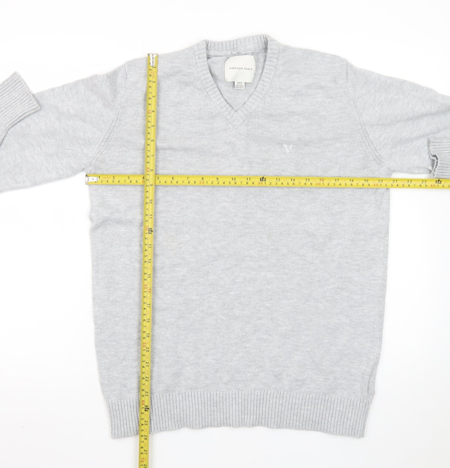 American Eagle Men’s Grey V-Neck Cotton Blend Jumper Size M