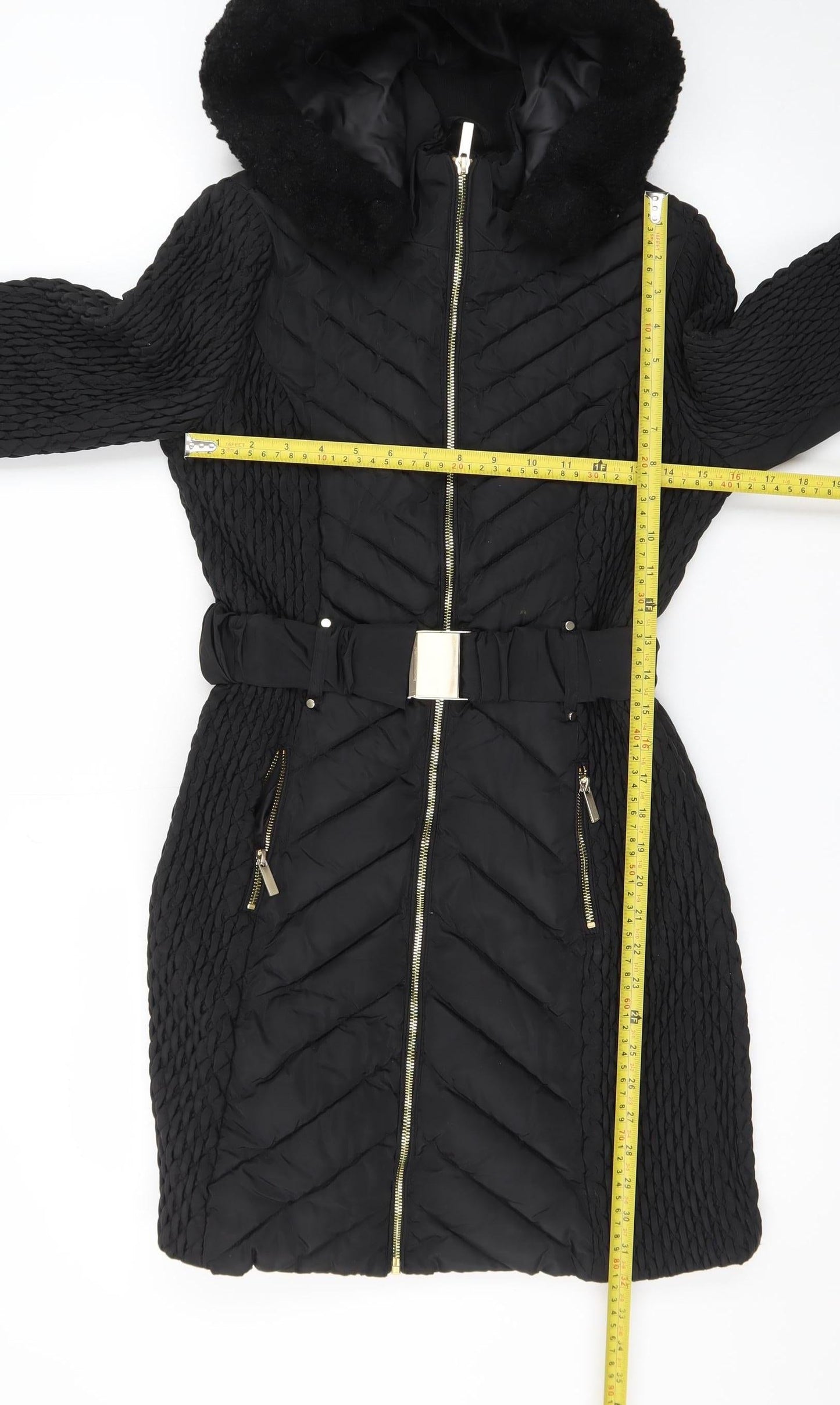 Karen Millen Women’s Black Belted Hooded Puffer Coat Size 8