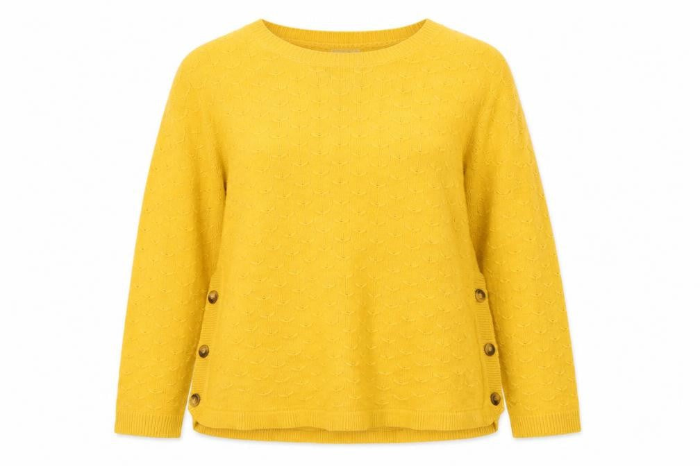 FatFace Women Yellow Cotton Crew Neck Button Detail Pullover Jumper Size 18