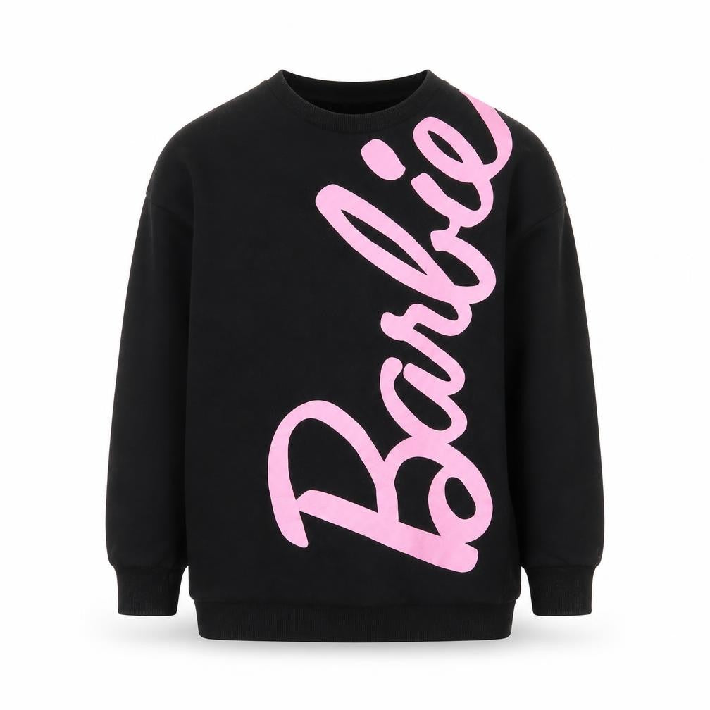 Front view of Barbie girls’ black pink logo pullover sweatshirt, size 10-11, years