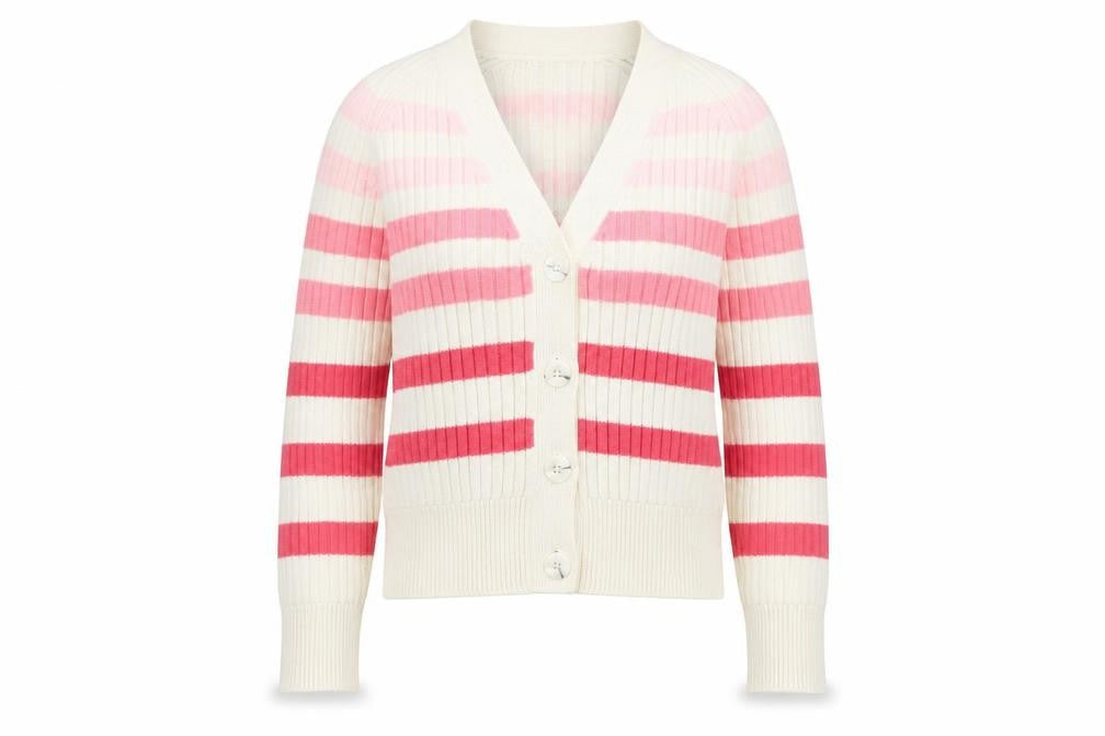 Marks & Spencer Women Cream Pink Striped Cardigan Size S Cotton Knit
