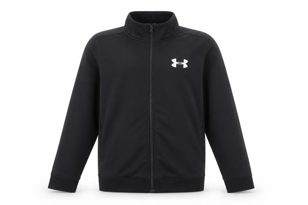 Front view of Under Armour boys’ black ylg track jacket full zip polyester activewear