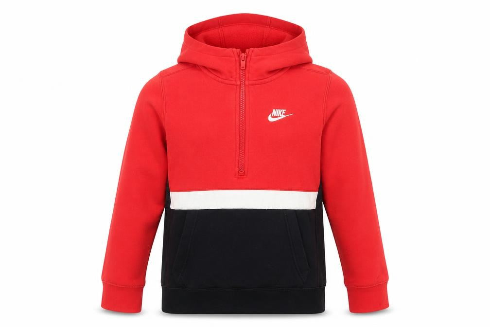 Front view of Nike boys’ red black colourblock half zip hoodie size 158cm standard fit