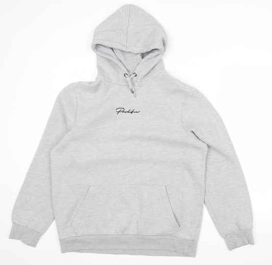 River Island Men's Grey Pullover Hoodie L Logo Fleece