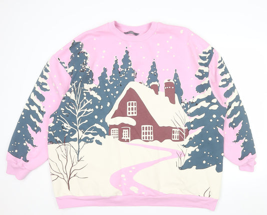 George Women Pink Christmas Cottage Print Pullover Sweatshirt XL 20-22