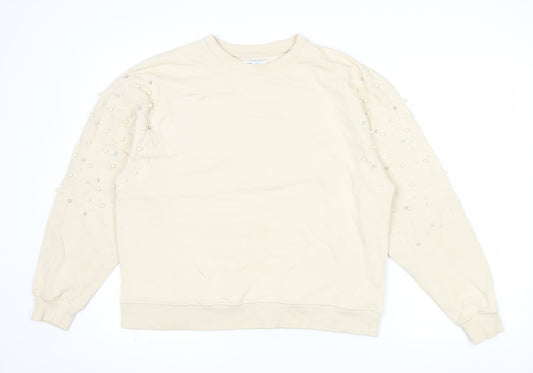 Pull&Bear Women Beige Beaded Long Sleeve Pullover Sweatshirt Size M
