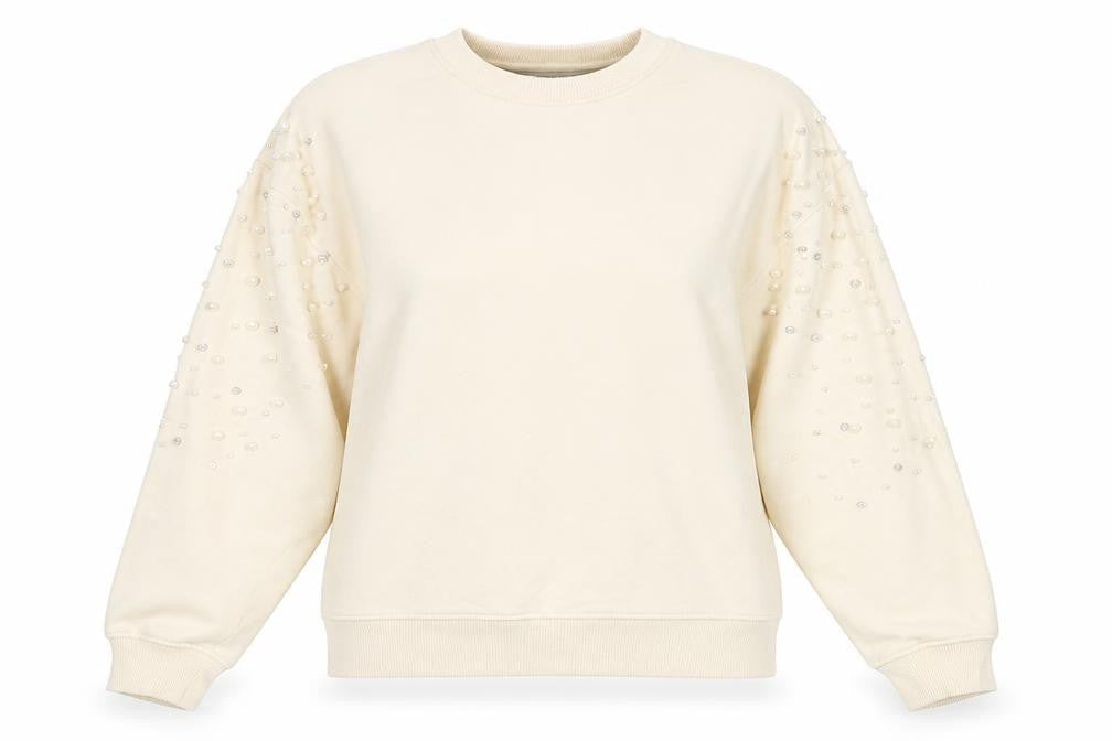 Pull&Bear Women Beige Beaded Long Sleeve Pullover Sweatshirt Size M