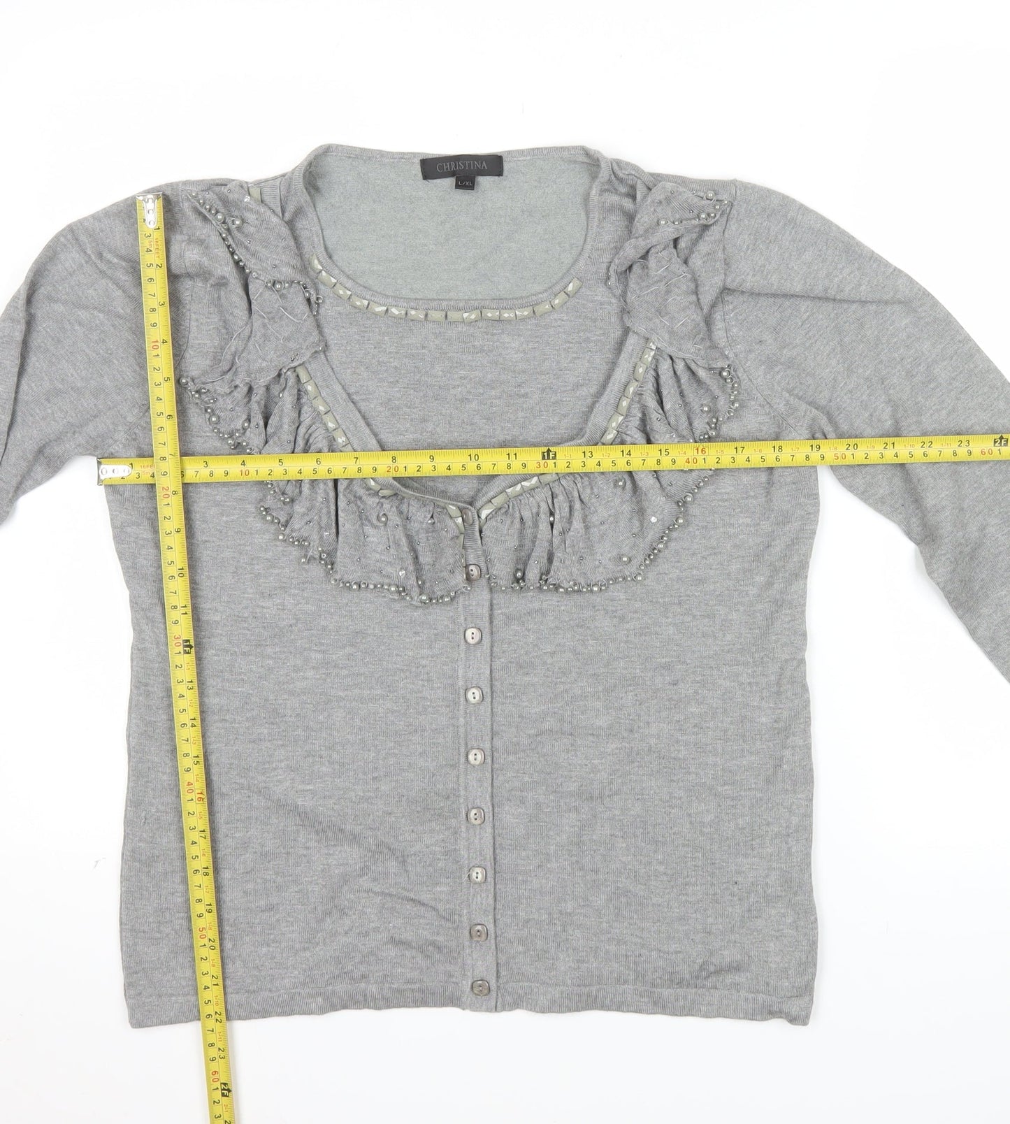 Christina Women Grey Beaded Ruffle V-Neck Cardigan L