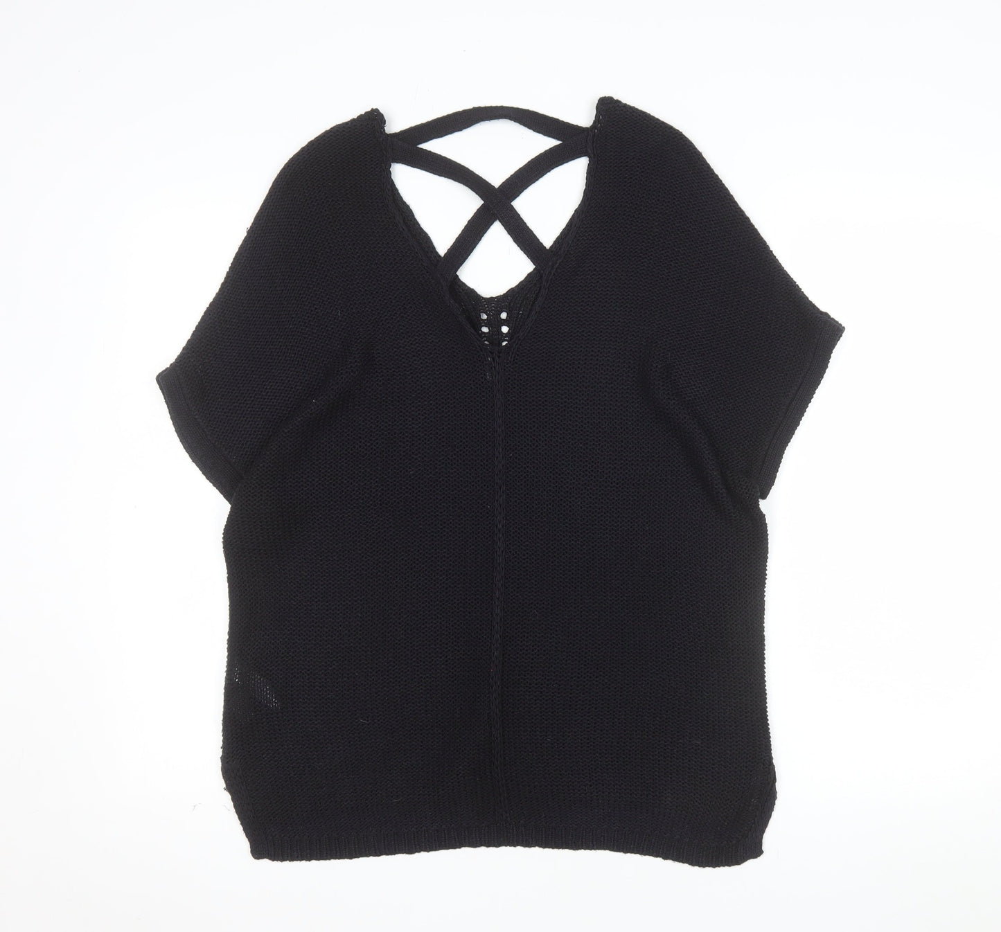 F&F Women Black V-Neck Short Sleeve Knit Pullover Jumper UK 10