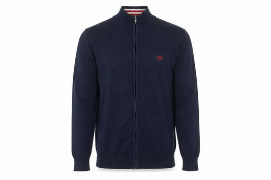 Front view of Crew Clothing Men's Blue Cotton Full Zip Jumper, size M