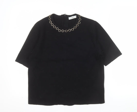 Zara Women Black Short Sleeve Knit Blouse Size 12 with Chain Detail