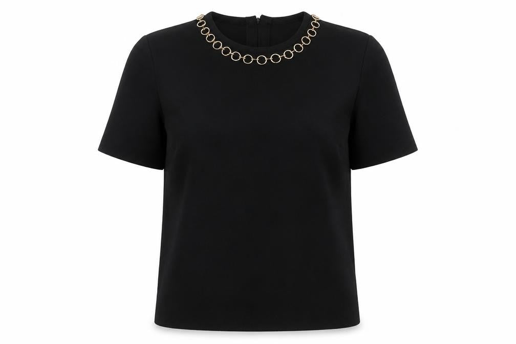 Zara Women Black Short Sleeve Knit Blouse Size 12 with Chain Detail