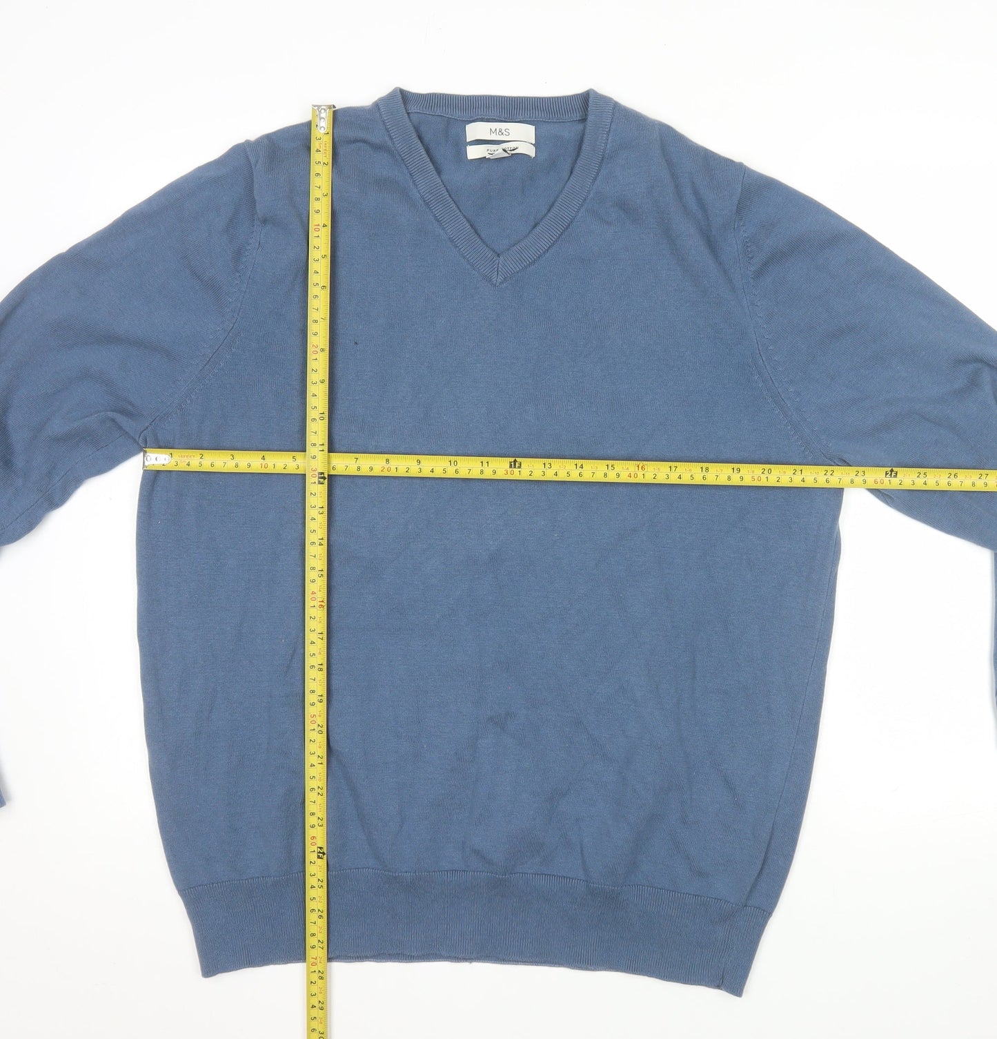 Marks and Spencer Men's Blue XL V-Neck Cotton Pullover Jumper