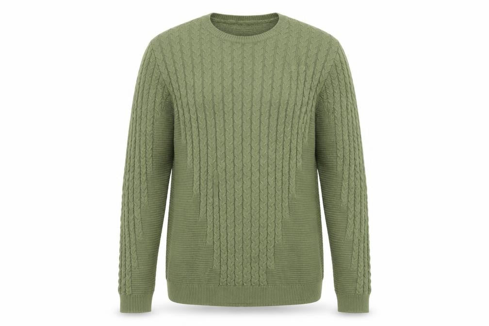 Front view of ASOS DESIGN Men's Green Cable-Knit Crew Neck Jumper, size L