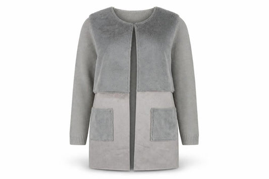 Front view of Roman Women Grey, size 14, Faux Fur Trim Knit Longline Cardigan