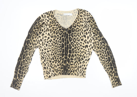 Warehouse Women’s Beige Leopard Print Knit V-Neck Long Sleeve Top Size S