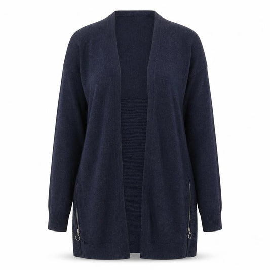 Front view of Red Herring women’s navy longline cardigan, size UK 10, open front zip detail