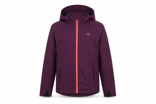 Front view of Quechua girls’ purple waterproof hooded rain coat jacket 14-15 years