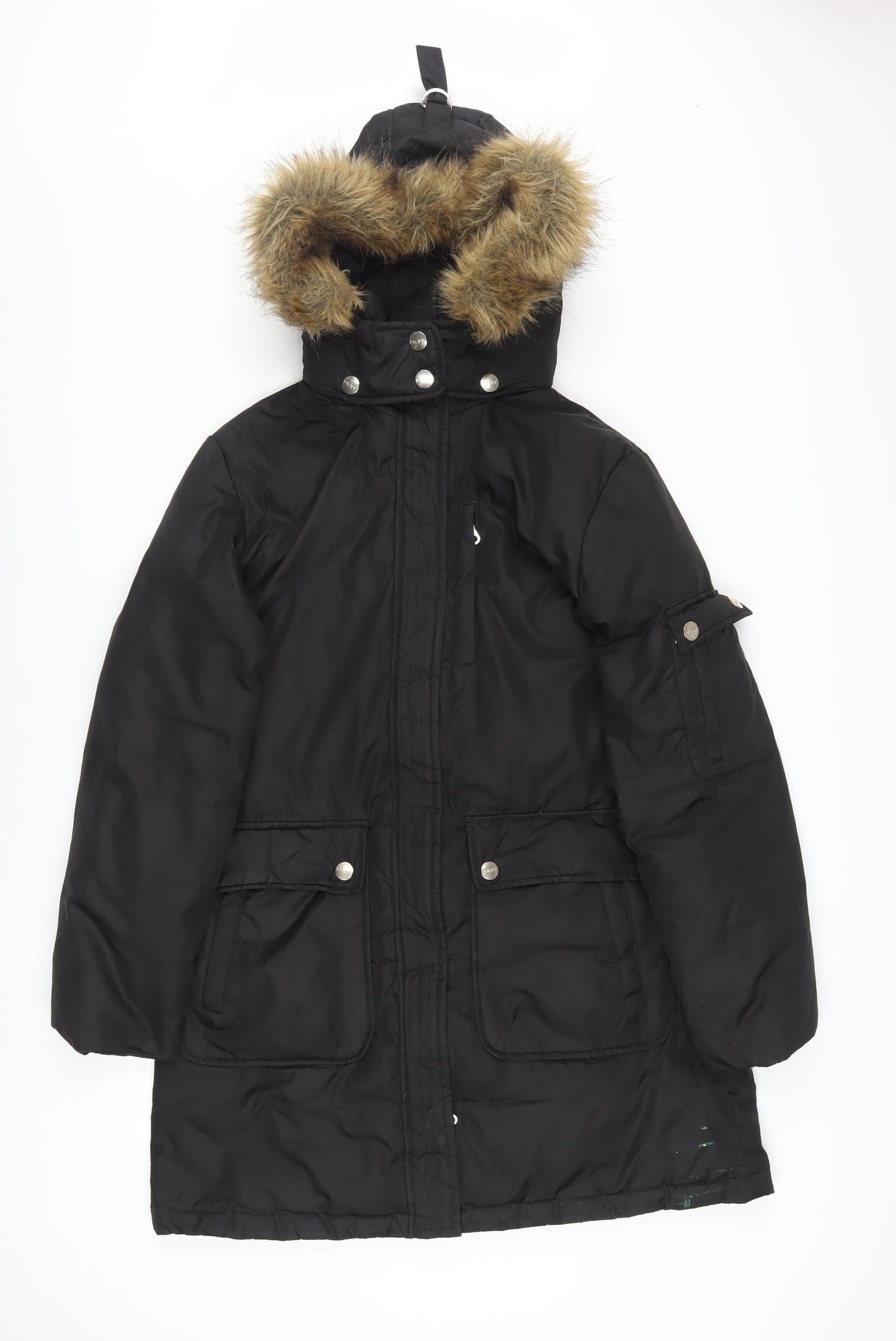 DKNY Women’s Black Faux Fur Hooded Long Parka Coat M