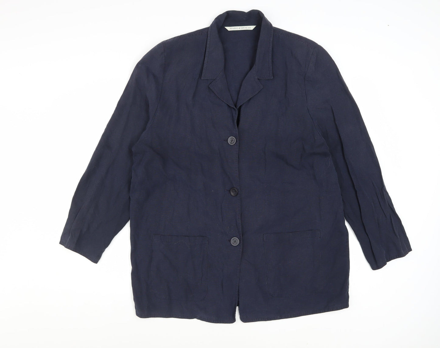 Marks and Spencer Women Blue Linen Blend Blazer Size 18 Classic Mid-Length