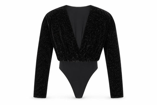 Front view of Missguided Women's Black Velvet Glitter Long Sleeve Bodysuit, size 4