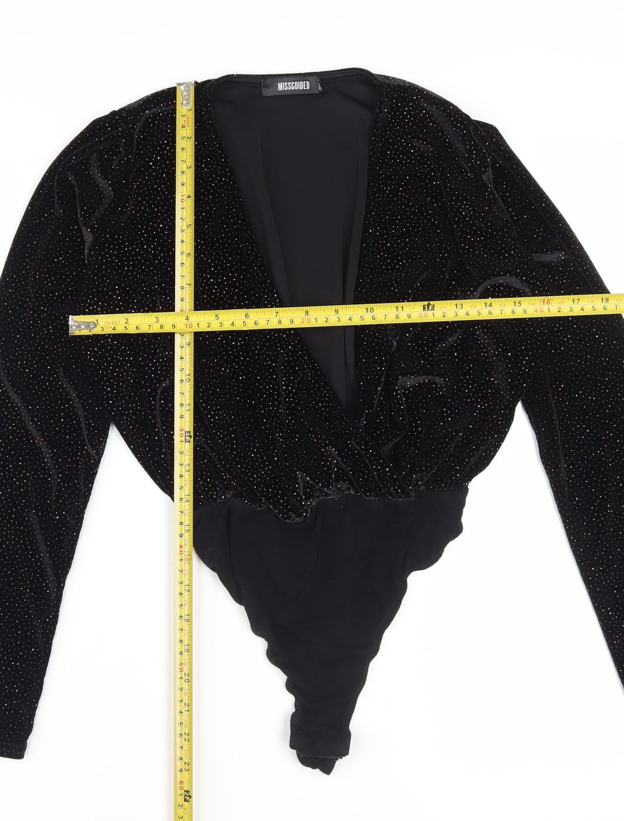 Missguided Women's Black Velvet Glitter Long Sleeve Bodysuit Size 4