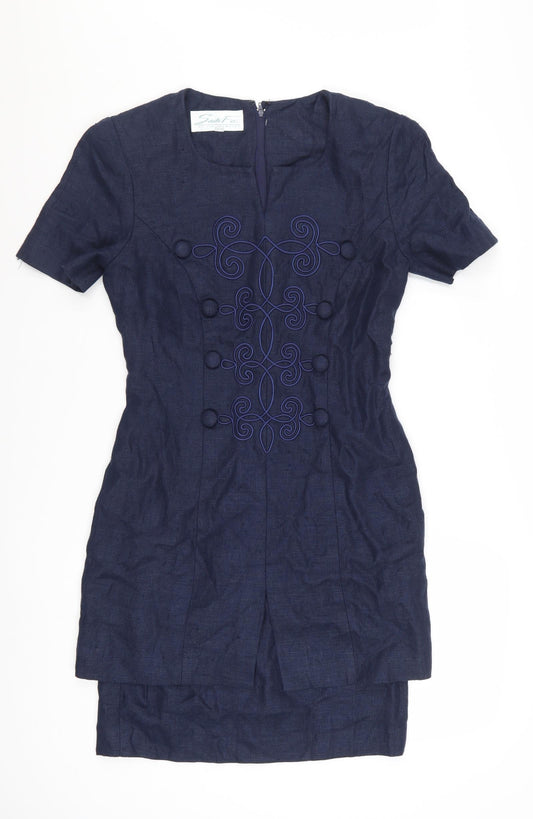 Santa Fe Women Blue Linen Shift Dress Short Sleeve Size 8
