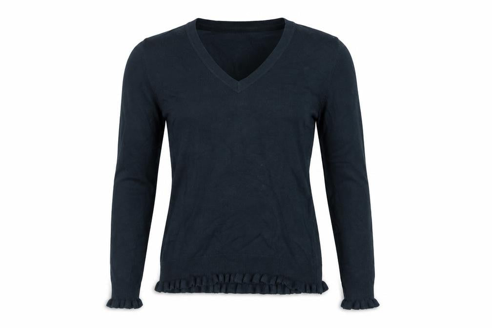 Mauvette Women Black V-Neck Long Sleeve Ruffle Knit Jumper Size 8