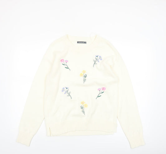 Bonmarché Women Ivory Embroidered Floral Cotton Jumper Size 10