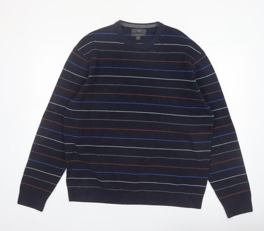 Marks and Spencer Men's Blue Striped Cotton Blend Pullover Jumper XL