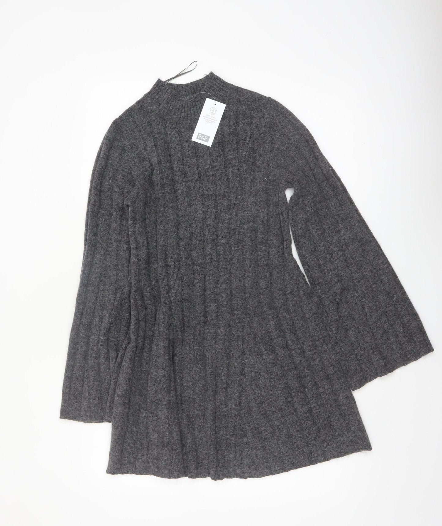 F&F Women’s Grey Knit Jumper Dress M Long Sleeve High Neck