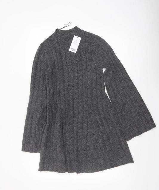 F&F Women’s Grey Knit Jumper Dress M Long Sleeve High Neck