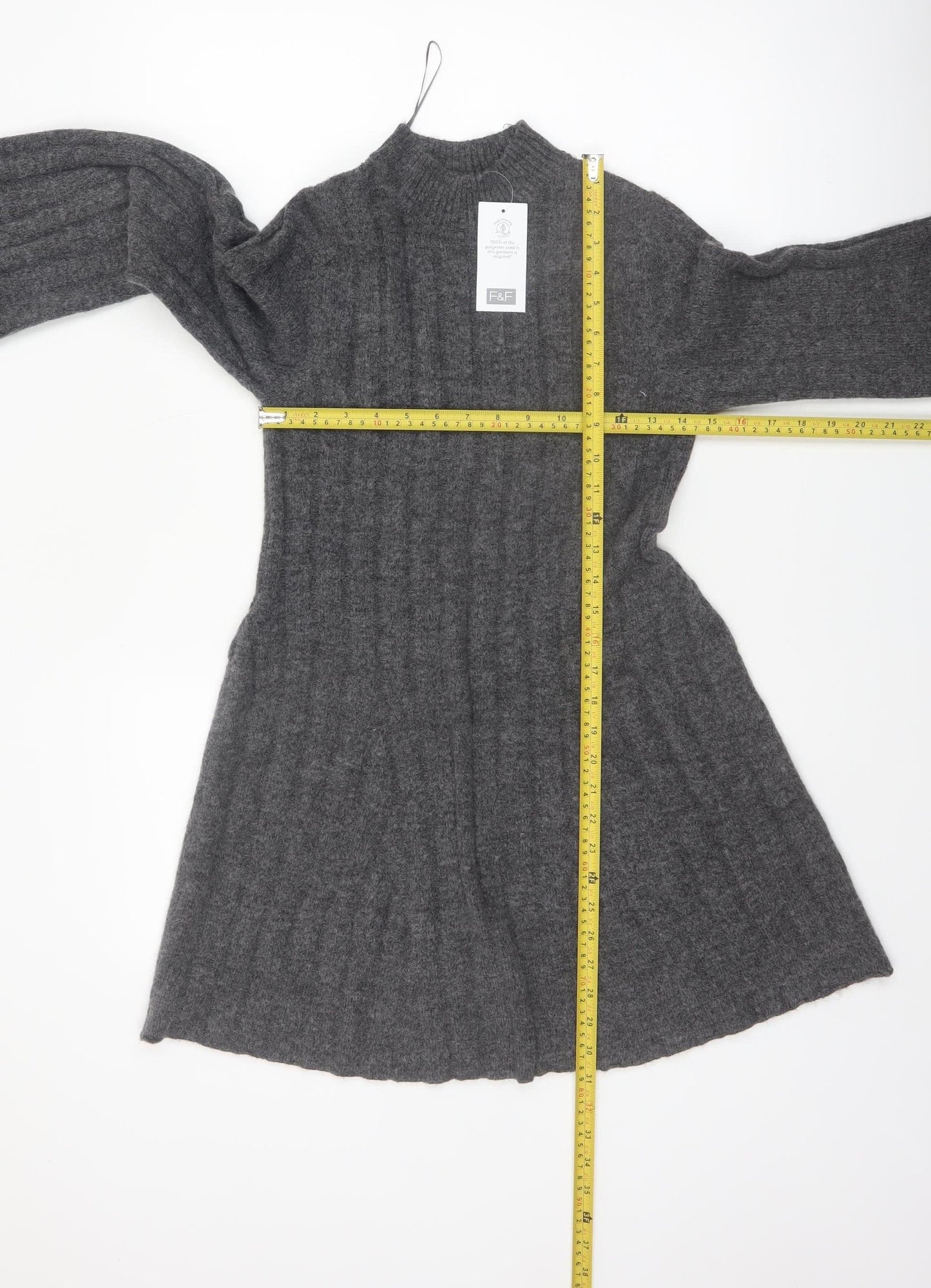 F&F Women’s Grey Knit Jumper Dress M Long Sleeve High Neck