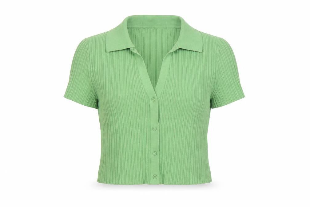 H&M Divided Women's Green Collared Ribbed Cropped Button-Up Top XS