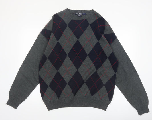 Nautica Men's Grey Argyle Cotton Pullover Jumper Size L