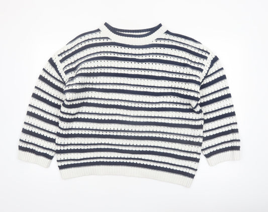 F&F Women’s Navy & White Striped Knit Jumper Size L Crew Neck Pullover