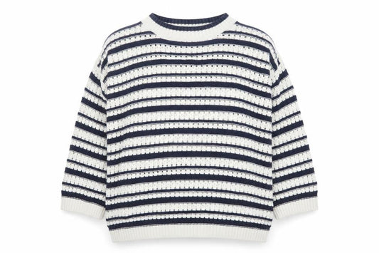 F&F Women’s Navy & White Striped Knit Jumper Size L Crew Neck Pullover