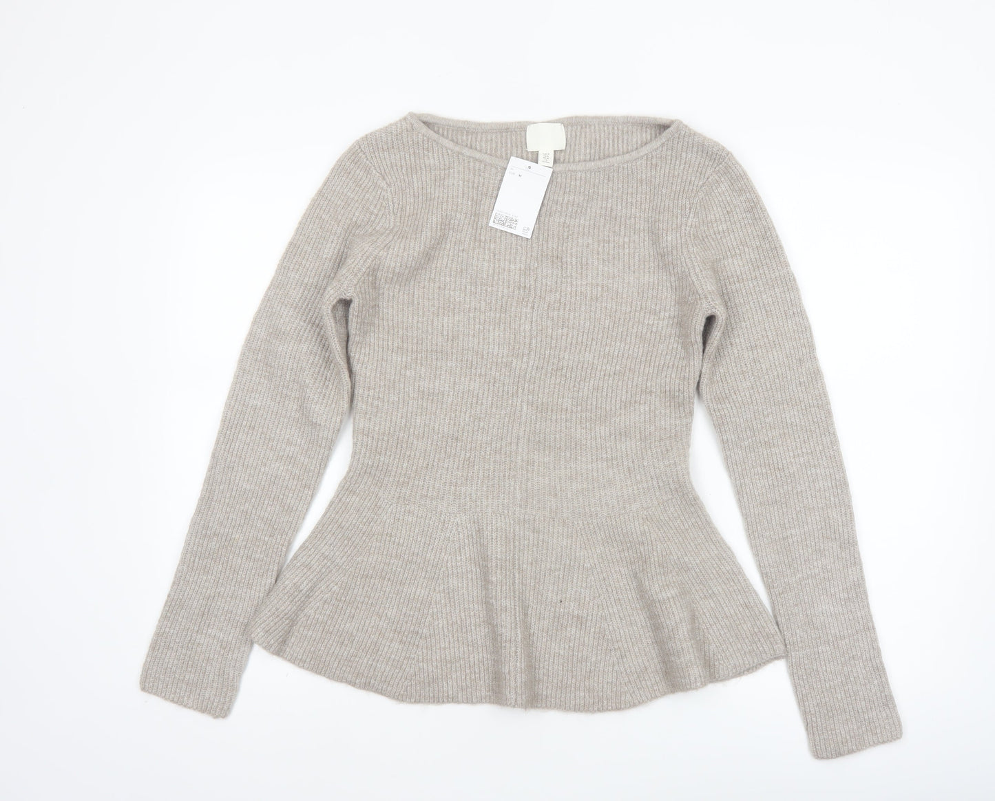 H&M Women Beige Rib-Knit Long Sleeve Pullover Jumper Size 12