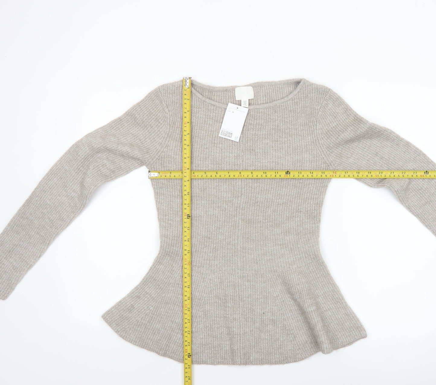 H&M Women Beige Rib-Knit Long Sleeve Pullover Jumper Size 12