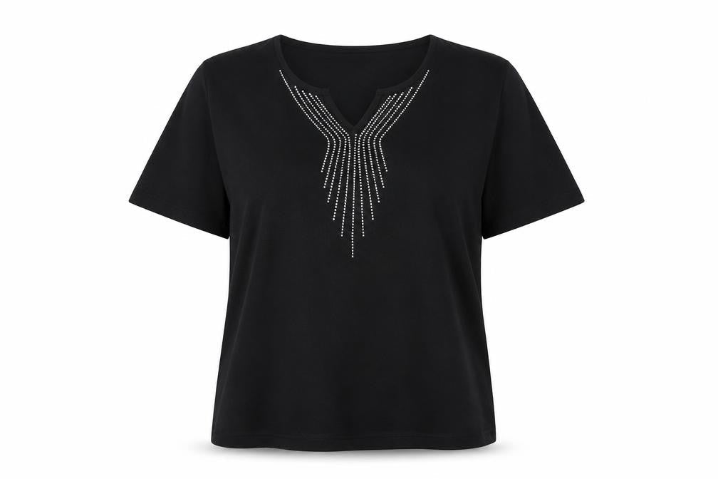 Front view of Roman Originals Women's Black L Basic Beaded V-Neck T-Shirt