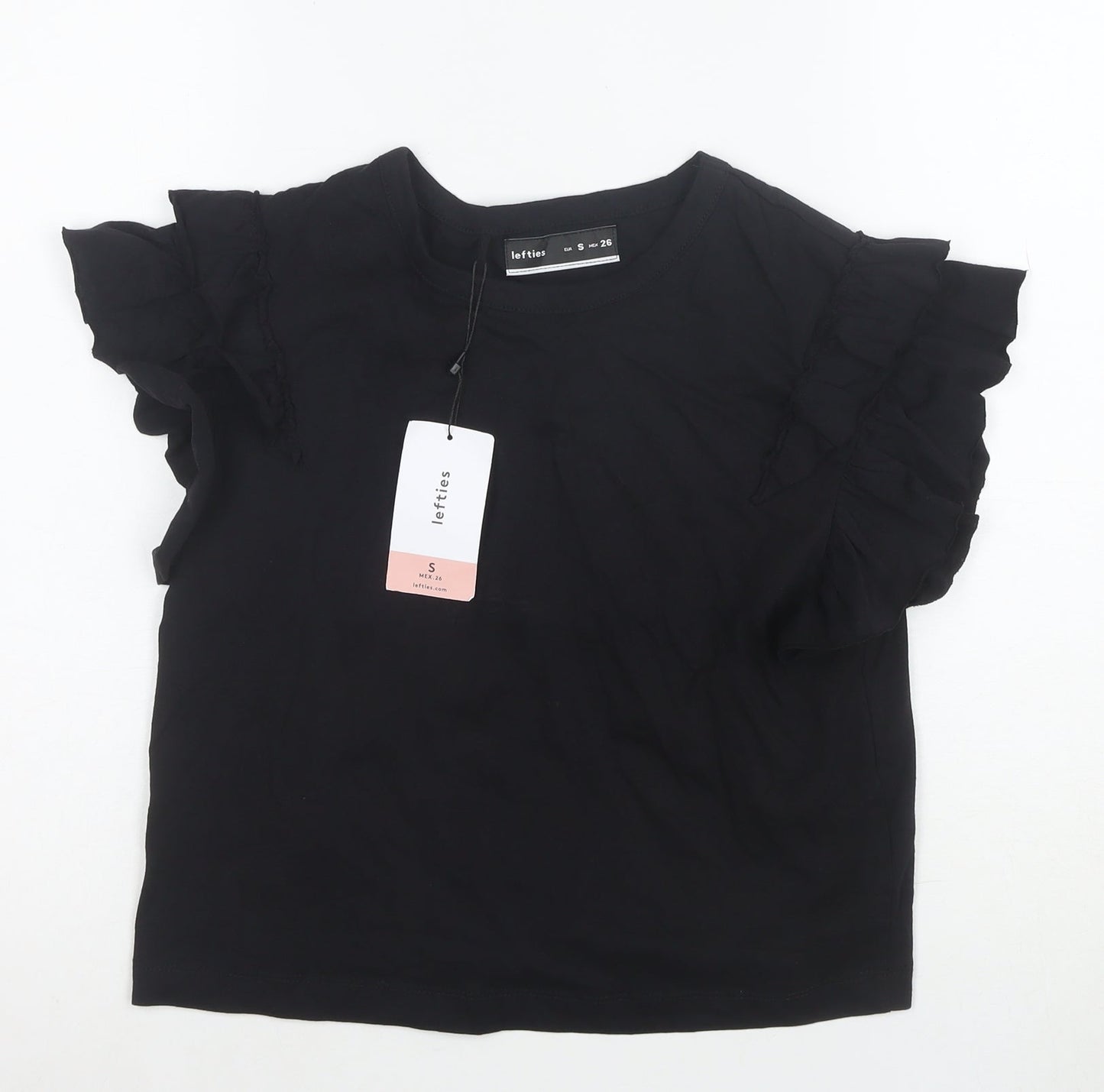 Lefties Womens Black Ruffle Short Sleeve Cotton T-Shirt Size S