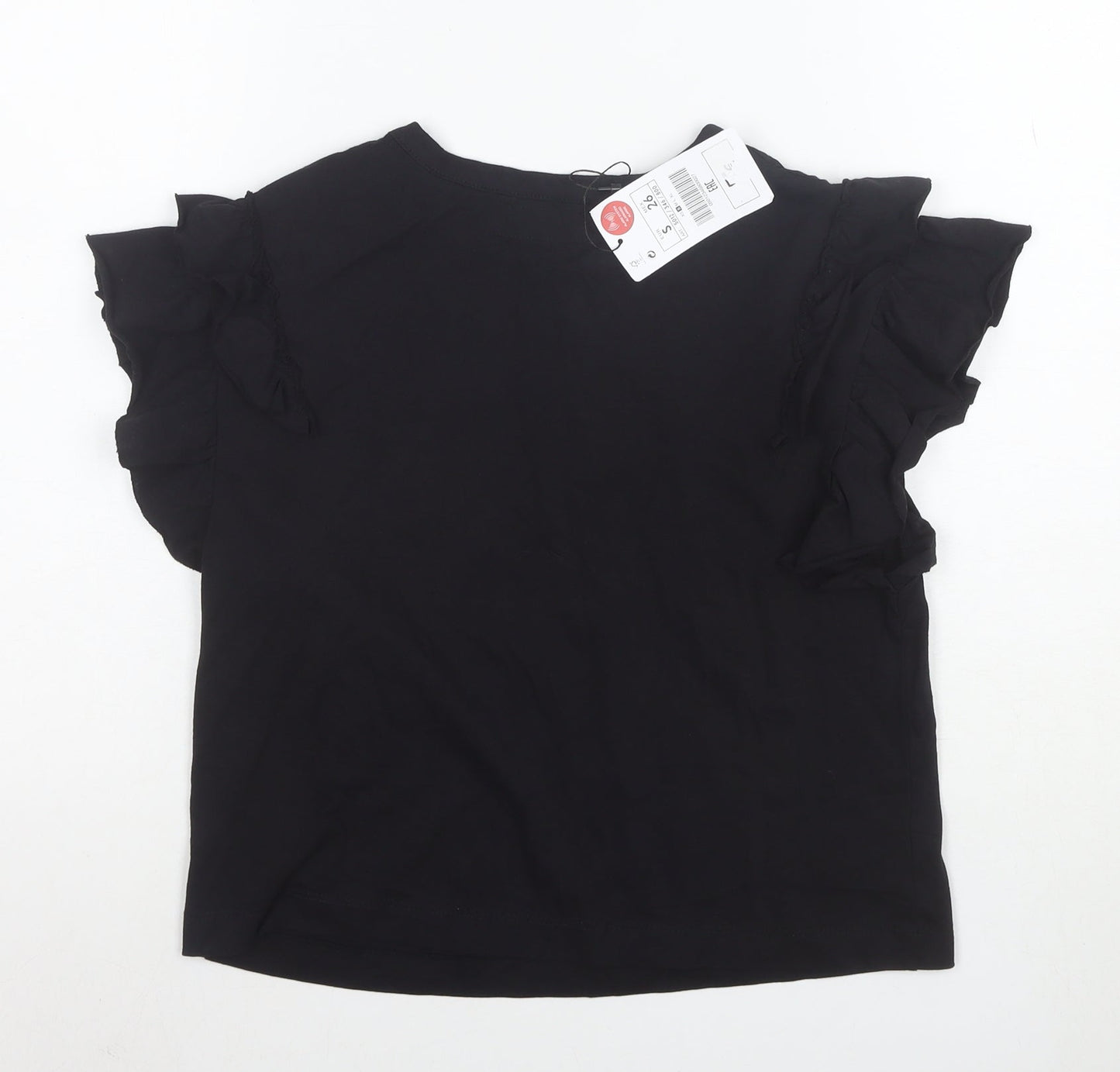 Lefties Womens Black Ruffle Short Sleeve Cotton T-Shirt Size S