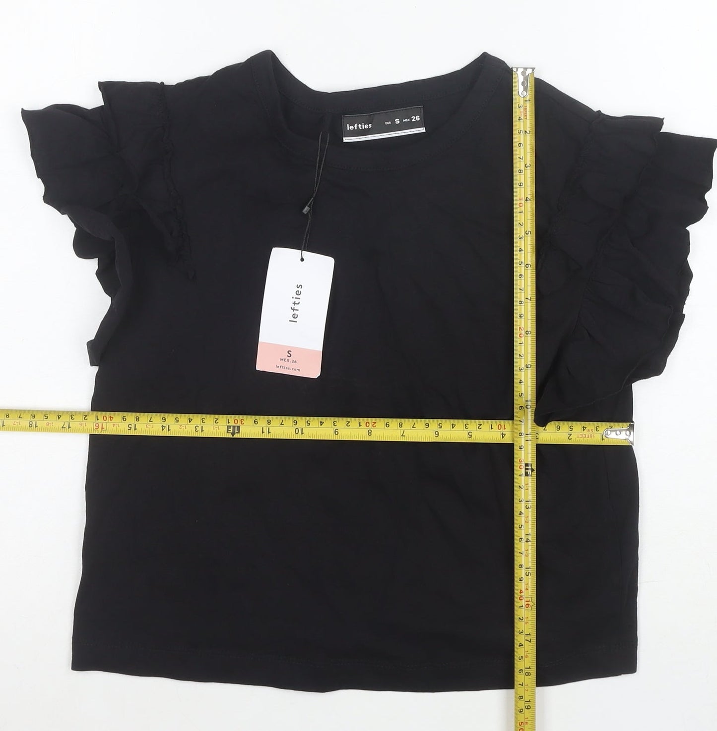 Lefties Womens Black Ruffle Short Sleeve Cotton T-Shirt Size S