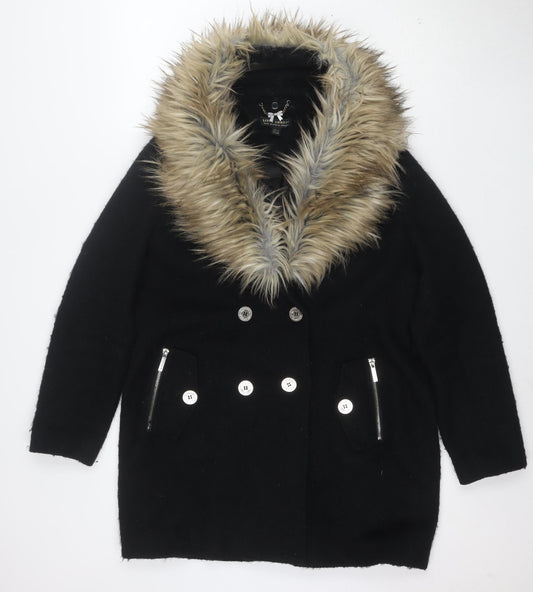 Lipsy London Women Black Faux Fur Collar Wool Blend Pea Coat UK 14