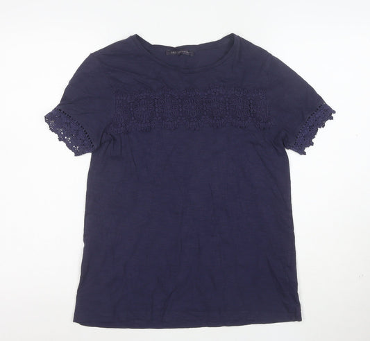 Marks and Spencer Womens Blue Crochet Trim Cotton T-Shirt Size 8