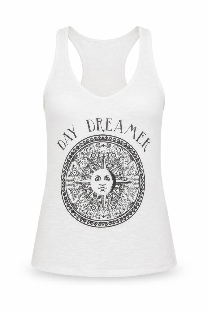 Rosie Harlow Women's White Racerback Tank Top Small Boho Graphic