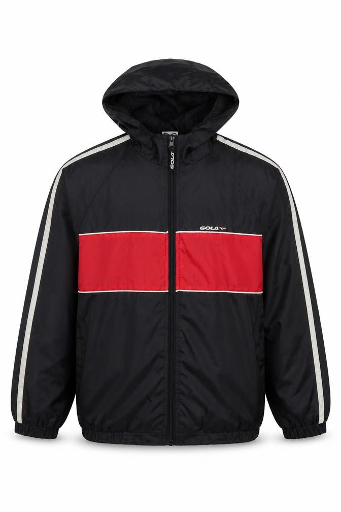 Front view of Gola boys’ black red hooded windbreaker jacket, size L, polyester full zip