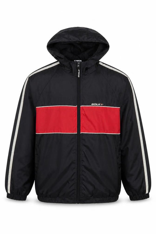Front view of Gola boys’ black red hooded windbreaker jacket, size L, polyester full zip